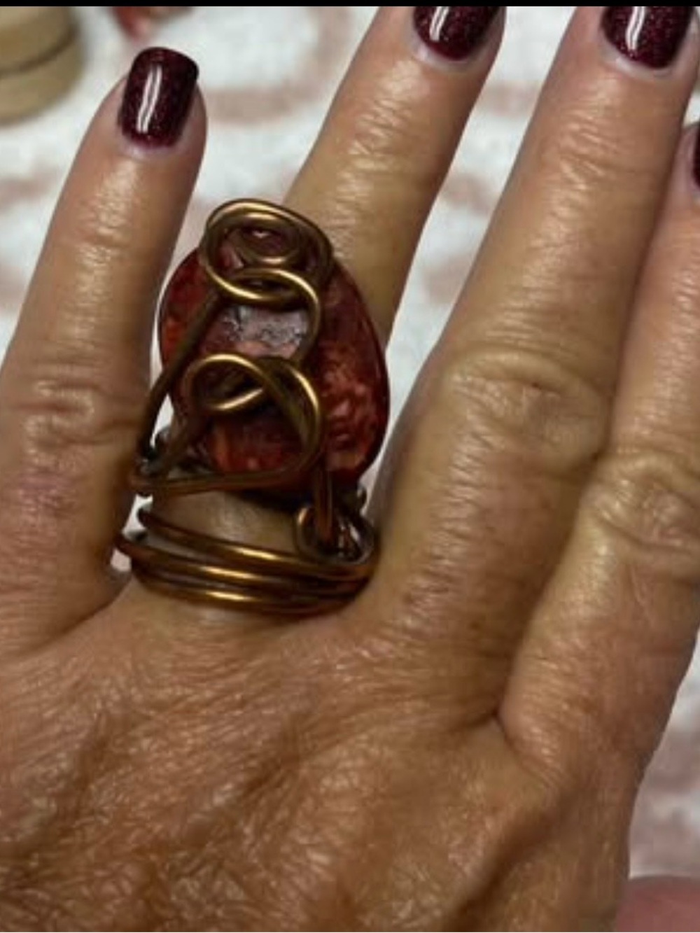 Vintage Big Copper Wire Caged Polished Red Jasper Ring  Size 7
